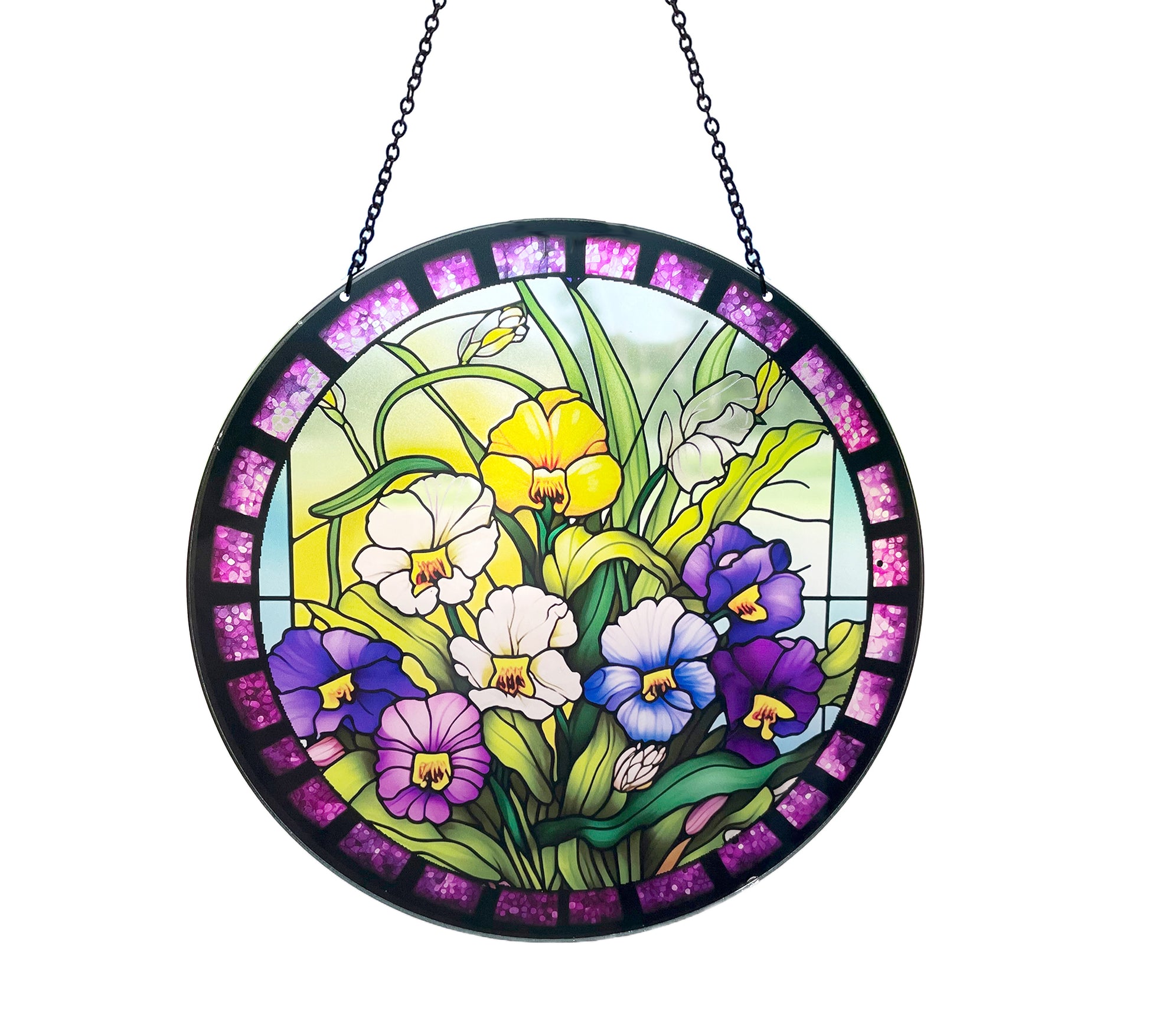 round soundcatcher of yellow, white, lavender and purple pansies