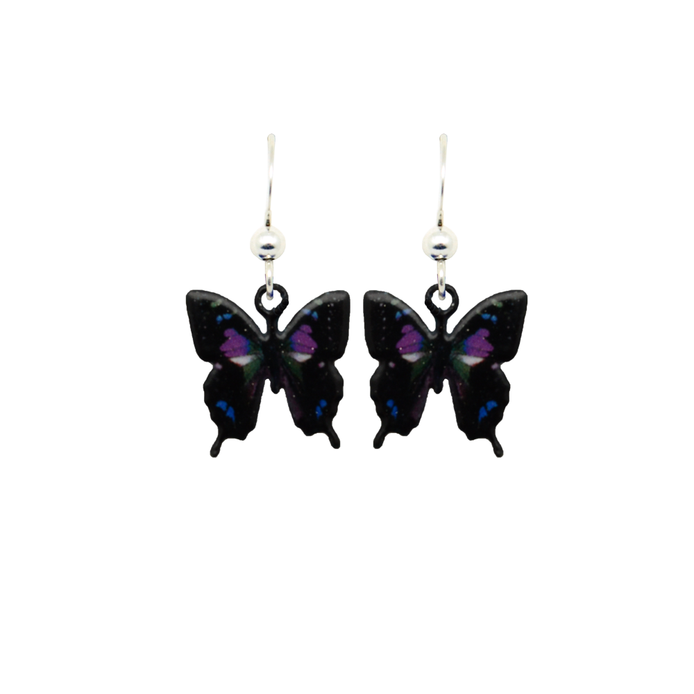 Black & Purple Butterfly Earrings, Sterling Silver Earwires, Item# 2301