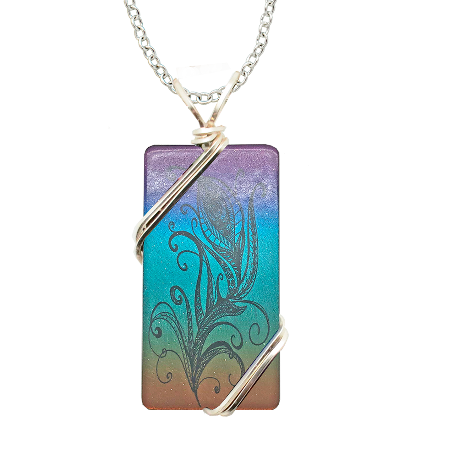 Feather Drawing Necklace, 1.5" pendant with silver-plated wiring